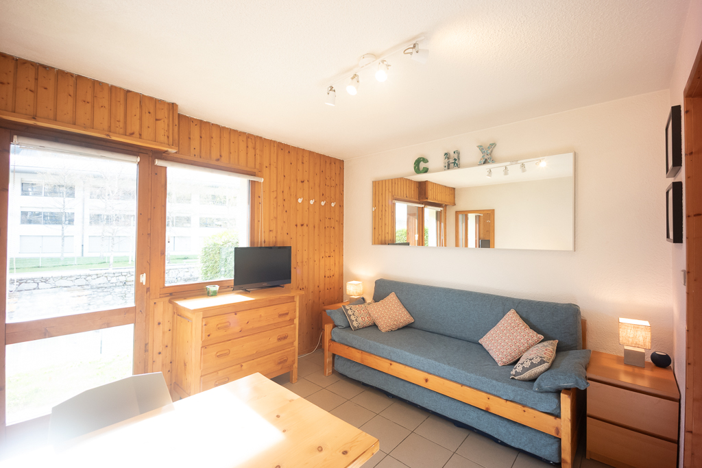 Sofa bed in the living area with a view towards the river.